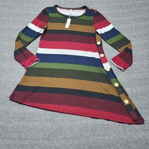 IGENJUN Striped Long Sleeve‎ Tunic Dress Buttons Asymmetrical Hem M